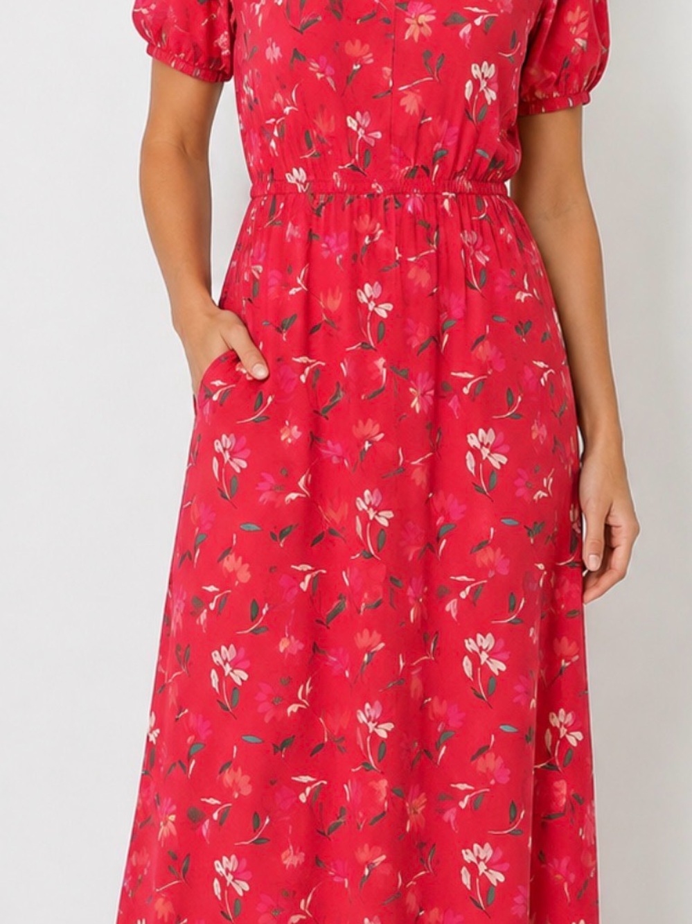LOFT Red Floral Midi Dress with Puff Sleeves